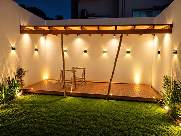 Área externa com deck e várias arandelas acesas no muro