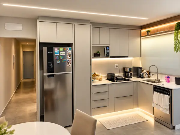 Cozinha com fita de LED no rodapé dos armários