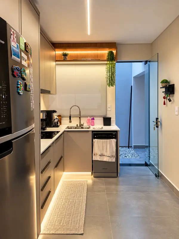 Cozinha estreita com perfil de LED no forro e fita no rodapé