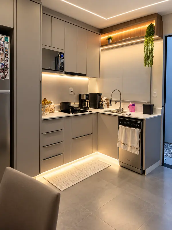 Cozinha planejada com LED nos armários