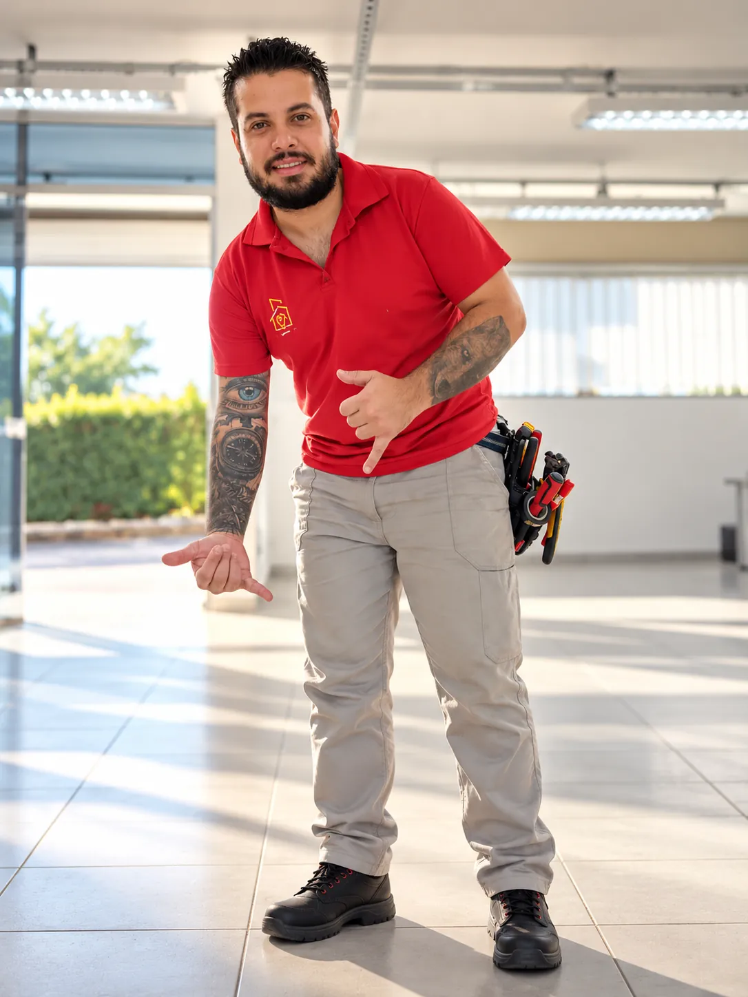 Rhaduan Farias, eletricista da Farias Soluções Elétricas, de camisa vermelha e cinto de ferramentas