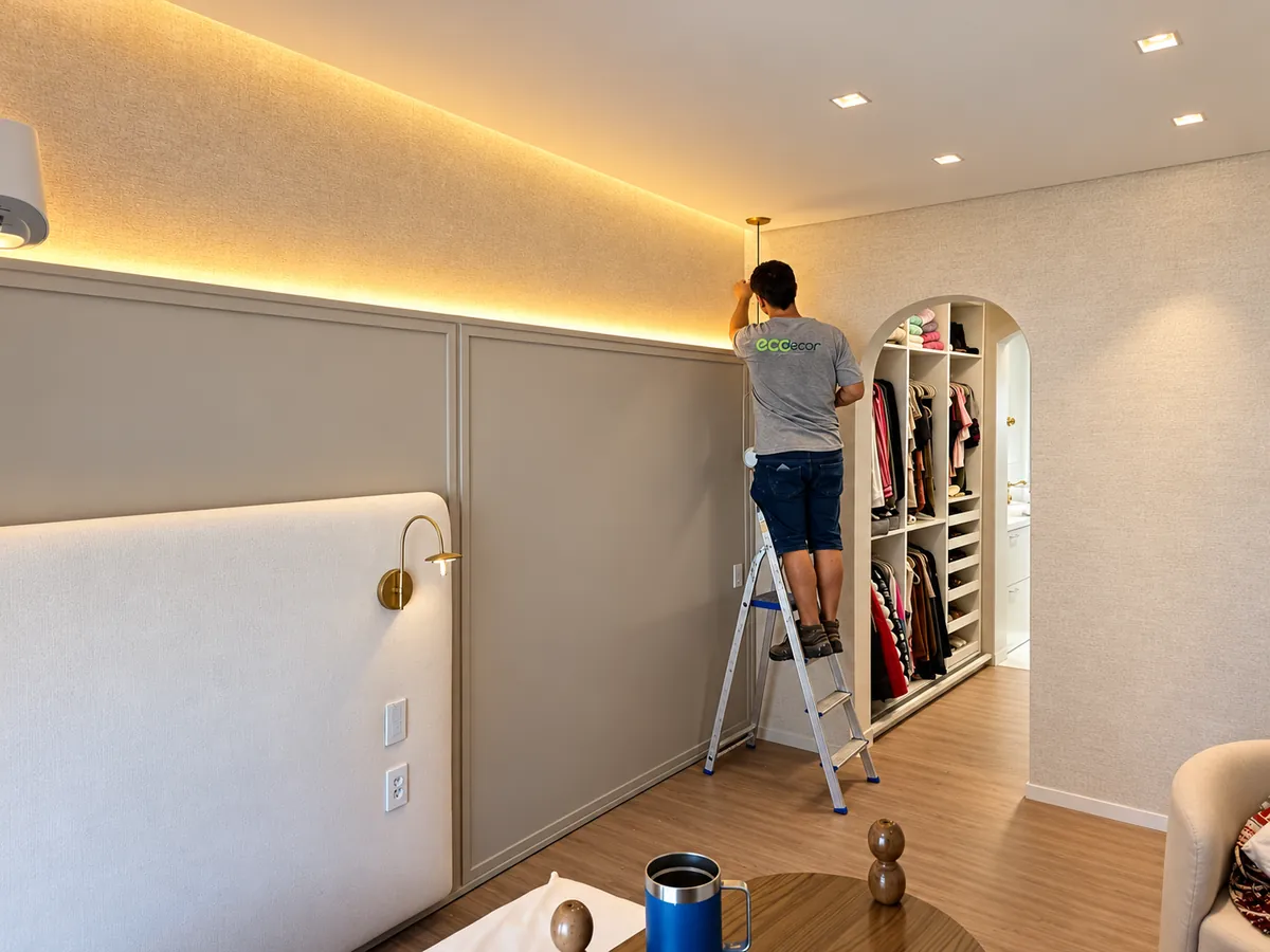 Rhaduan na escada instalando a iluminação de sanca de um quarto